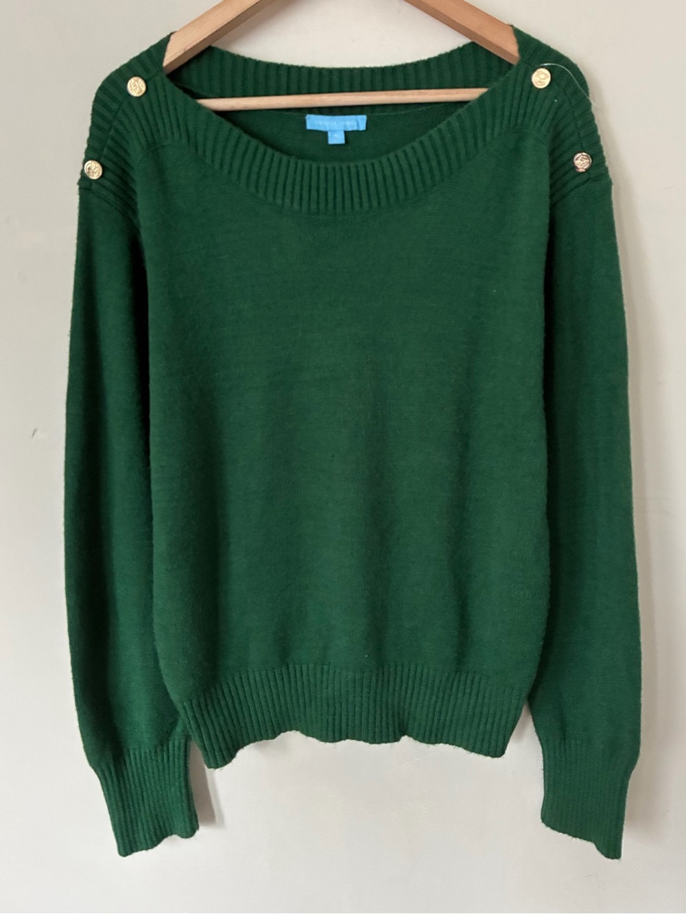 Draper James Womens Green Button Shoulder Knit Sweater Minimalist Long Sleeve XL